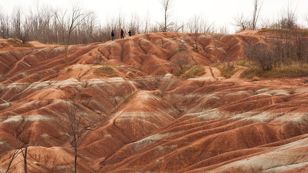 The orange and white sands of the Cheltenham Badlands outside Toronto, Canada