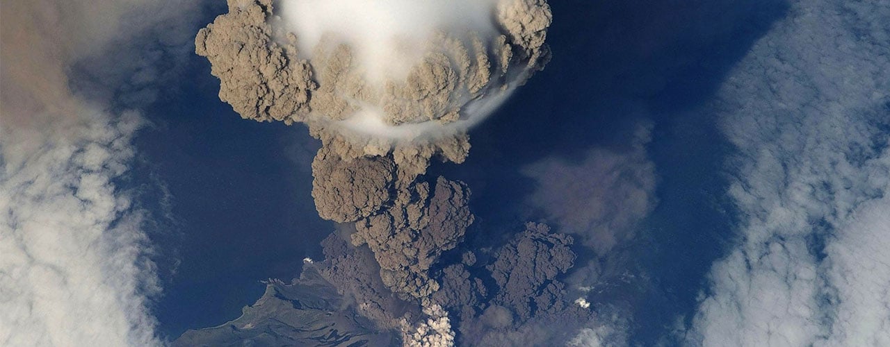 Aerial view of a volcanic eruption