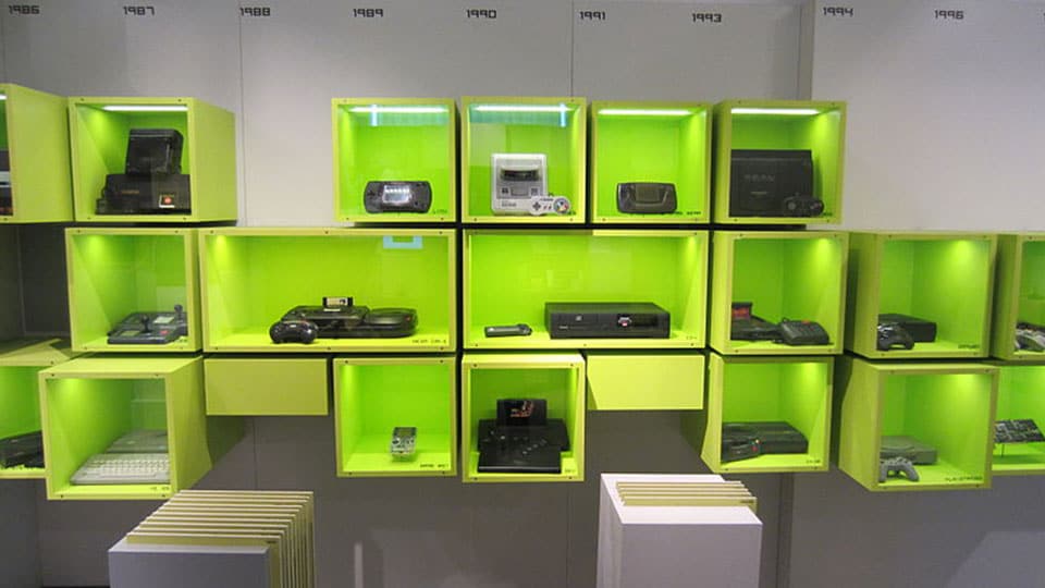 Gaming consoles from '80s and '90s in the Computerspielemuseum (computer gaming museum) in Berlin.