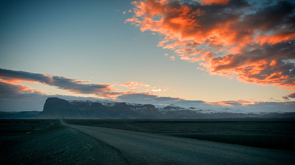 An Iceland sunset on Route 1 or the Ring Road surrounding the island.