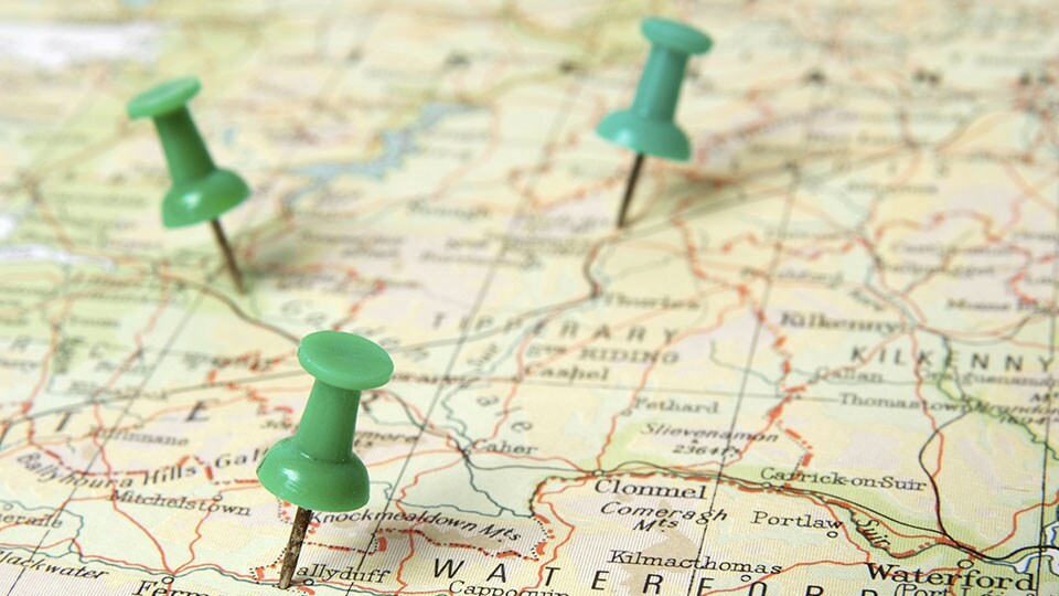 Map showing multiple destinations in Ireland