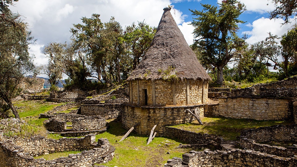 Round huts with thatched roofs at Kuelap in Peru