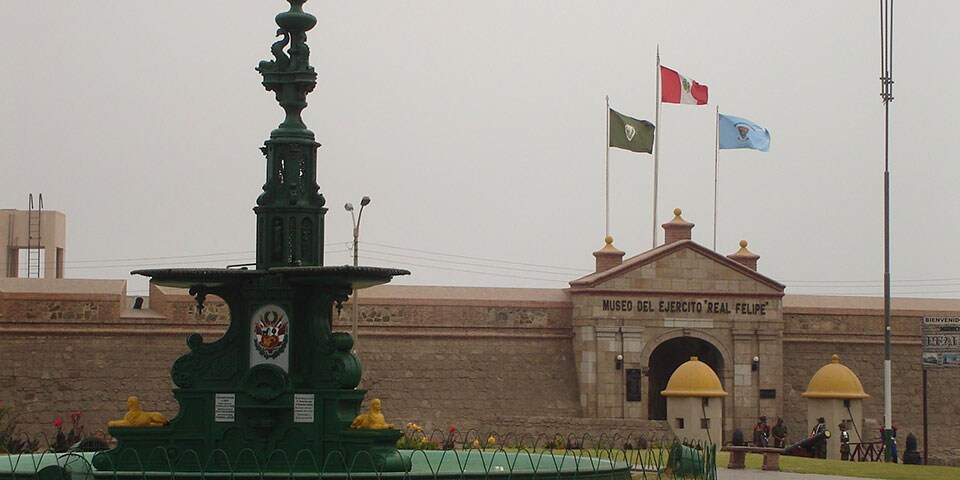 Frontal view of the Real Felipe Fortress in the Bay of Callao, Peru